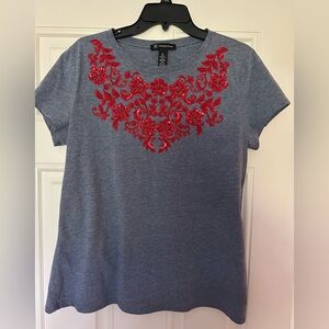 INC International Concepts Blue Short Sleeve Tee with Red Floral Embroidery